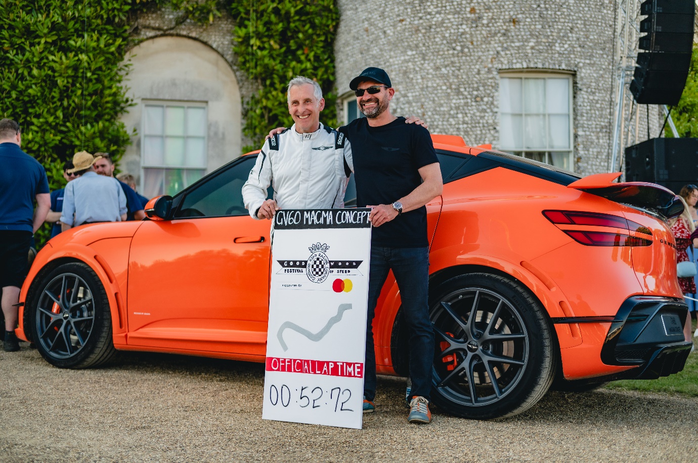 Two men standing next to a car

Description automatically generated